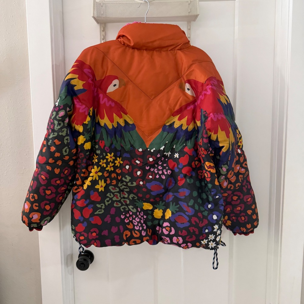 Farm Rio Macaw Print Reversible Faux Shearling Puffer‎ Jacket Multicolor Women S - Picture 3 of 7